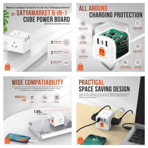 SATYAmarket 6 in 1 Cube Power Board with USB Charging Outlets