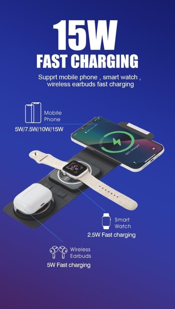 3 in 1 W-127 Wireless Fast Charging Station,15W Foldable Wireless Charger Pad Mat for Apple watch all series Iphone And Airpods, Android Smartwatch Portable charger, Strong Magnetic Attraction (Black) 8