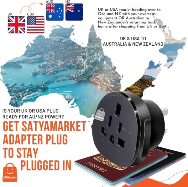 SATYAmarket SAA Certified UK,USA,CA to AU,NZ Adapter Plug, Insulated Pins International Power Adapter China Socket, Australia, New Zealand Travel Power Plug, Black