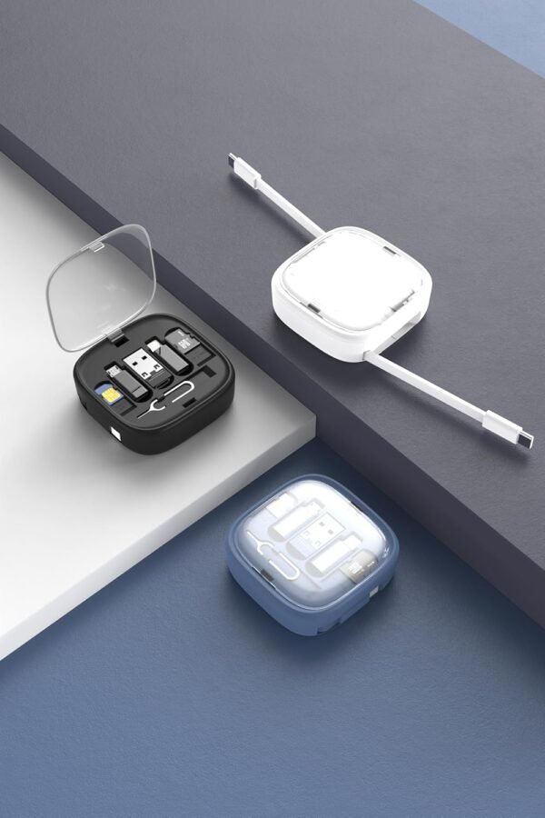 SATYAmarket Multifunctional 8 in 1 Storage Set Box with 60W Fast Charging Cable -1M, Lighting Adapter, USB-A and Type-C to Type C/Micro/Lighting, Data Transfer, Sim/Card Storage, Phone Holder 4