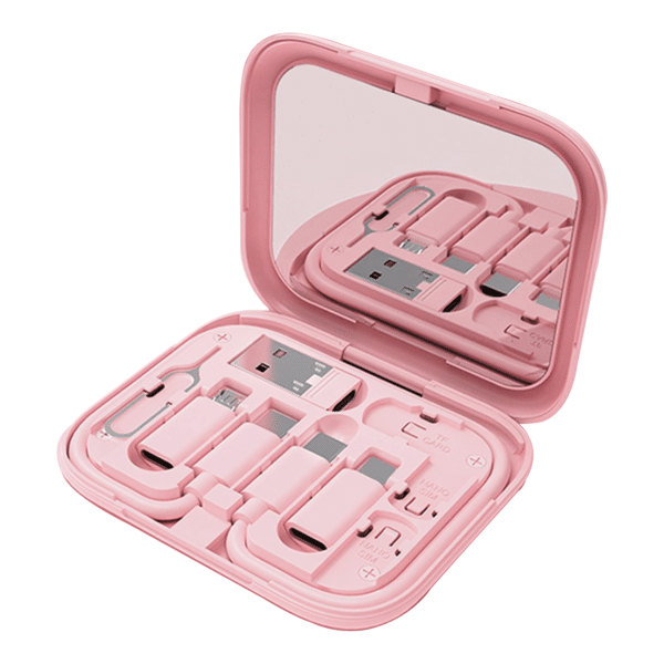 SATYAmarket 9-in-1 Multifunctional Storage Box with Type-C Cable, Adapters, Phone Holder, and Mirror – Pink