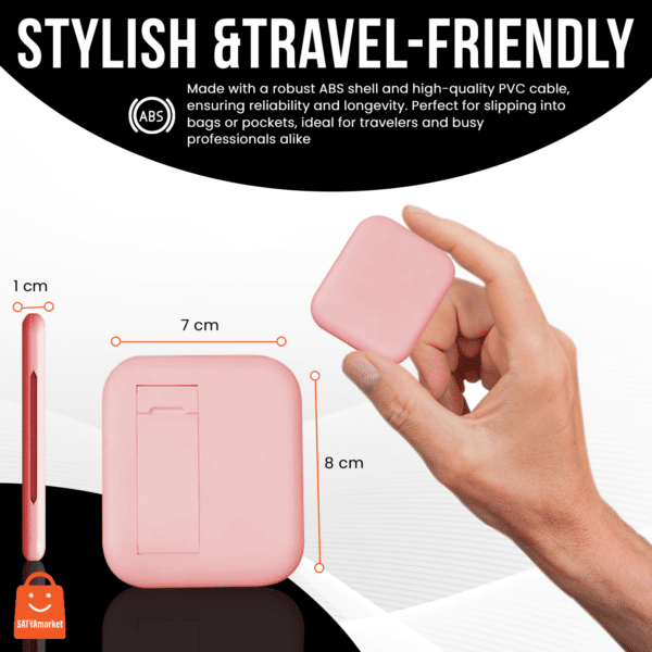 SATYAmarket 9-in-1 Multifunctional Storage Box with Type-C Cable, Adapters, Phone Holder, and Mirror – Pink