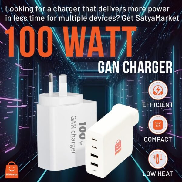 SATYAmarket 100W GaN Charger - 4 Port Fast Charging, SAA/RCM Compliant, GaN Technology, Compact and Portable Design - Ideal for Tablets, Laptops, Smartphones - 5