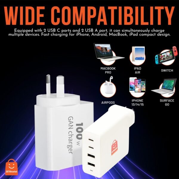 SATYAmarket 100W GaN Charger - 4 Port Fast Charging, SAA/RCM Compliant, GaN Technology, Compact and Portable Design - Ideal for Tablets, Laptops, Smartphones - 4