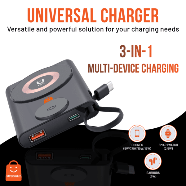 SATYAmarket 3-in-1 Magnetic Wireless Charger Power Bank 10000mAh, Multi Charging, 22.5watt