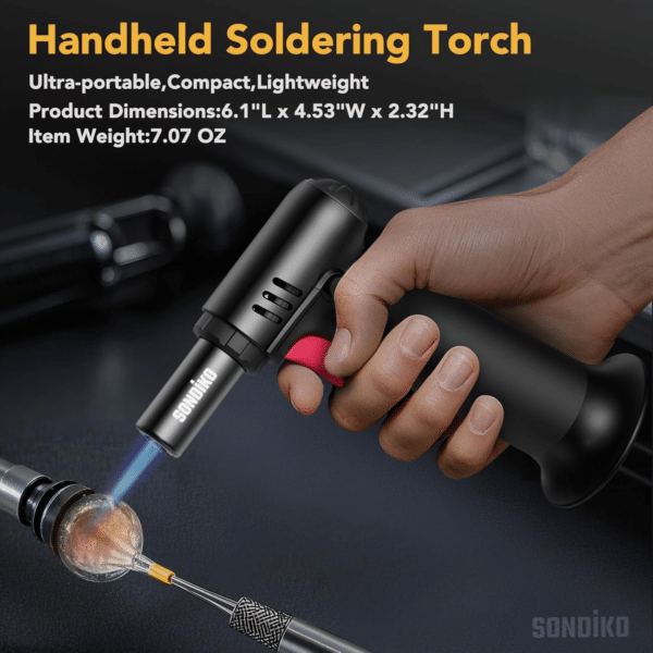 Refillable Butane Torch with Fuel Gauge, Safety Lock & Adjustable Flame – Perfect for Culinary Use including Desserts and Creme Brulee.
