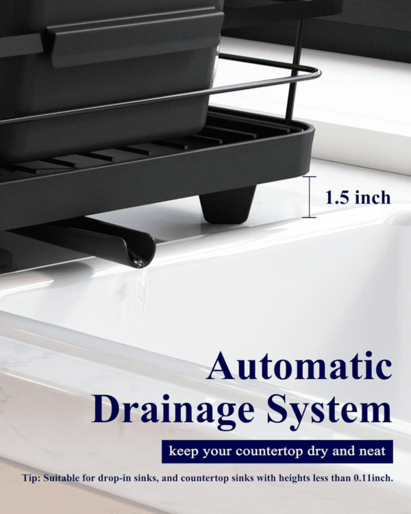 Stainless Steel Dish Drying Rack with Cutlery Holder – Space-Saving Kitchen Drainer, 29 x 38 x 12.7 cm, Black.