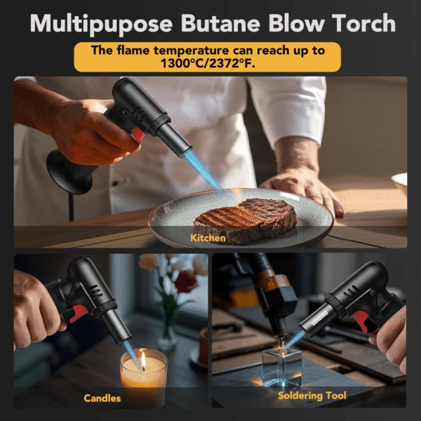 Refillable Butane Torch with Fuel Gauge, Safety Lock & Adjustable Flame – Perfect for Culinary Use including Desserts and Creme Brulee.