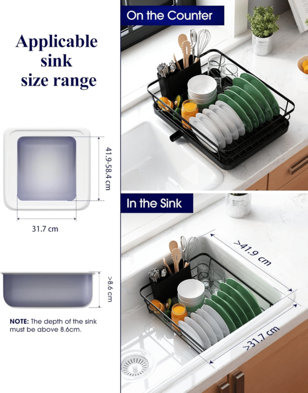 Stainless Steel Dish Drying Rack with Cutlery Holder – Space-Saving Kitchen Drainer, 29 x 38 x 12.7 cm, Black.