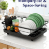48c9c05489243012c936b4bdddad7036.png Stainless Steel Dish Drying Rack with Cutlery Holder – Space-Saving Kitchen Drainer, 29 x 38 x 12.7 cm, Black.