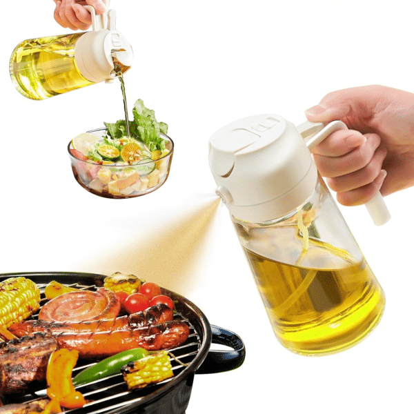 Oil Sprayer for Cooking, 2 in 1 Olive Oil Dispenser Bottle for Kitchen, 16Oz/470Ml Glass Oil Bottle with Premium Nozzle, Food-Grade Oil Mister for Air Fryer, Salad, Frying, BBQ