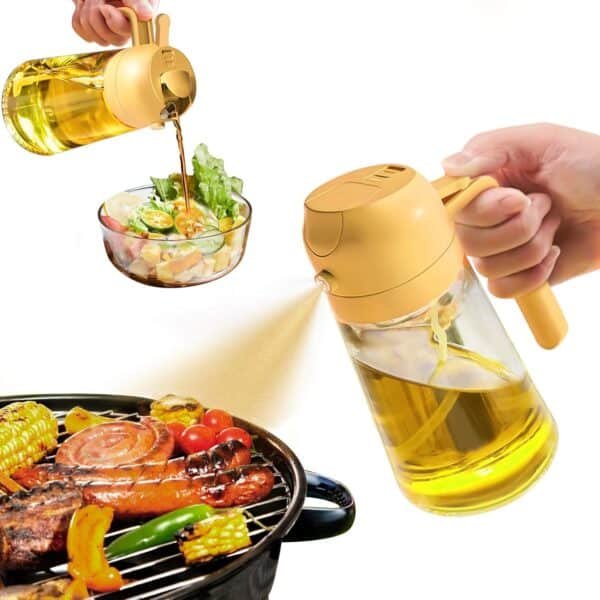 Oil Sprayer for Cooking, 2 in 1 Olive Oil Dispenser Bottle for Kitchen, 16Oz/470Ml Glass Oil Bottle with Premium Nozzle, Food-Grade Oil Mister for Air Fryer, Salad, Frying, BBQ