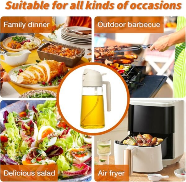 Oil Sprayer for Cooking, 2 in 1 Olive Oil Dispenser Bottle for Kitchen, 16Oz/470Ml Glass Oil Bottle with Premium Nozzle, Food-Grade Oil Mister for Air Fryer, Salad, Frying, BBQ (White)
