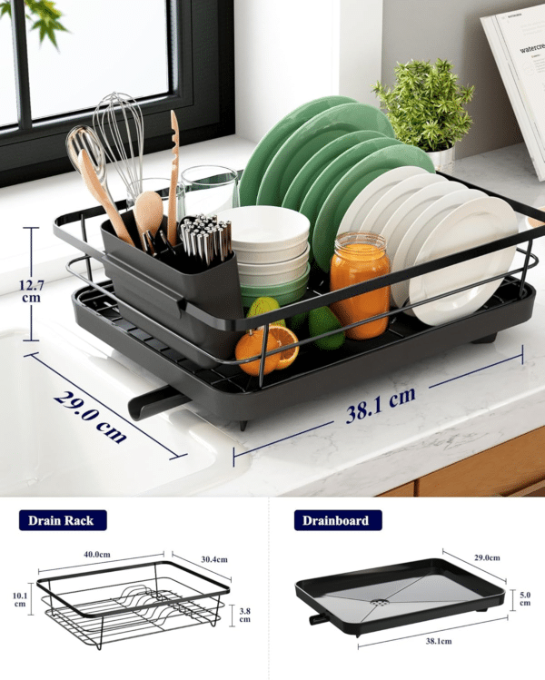 Stainless Steel Dish Drying Rack with Cutlery Holder – Space-Saving Kitchen Drainer, 29 x 38 x 12.7 cm, Black.
