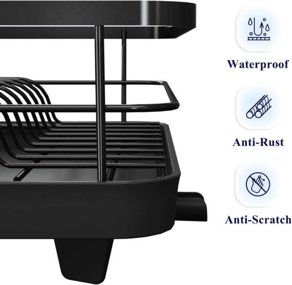 Stainless Steel Dish Drying Rack with Cutlery Holder – Space-Saving Kitchen Drainer, 29 x 38 x 12.7 cm, Black.