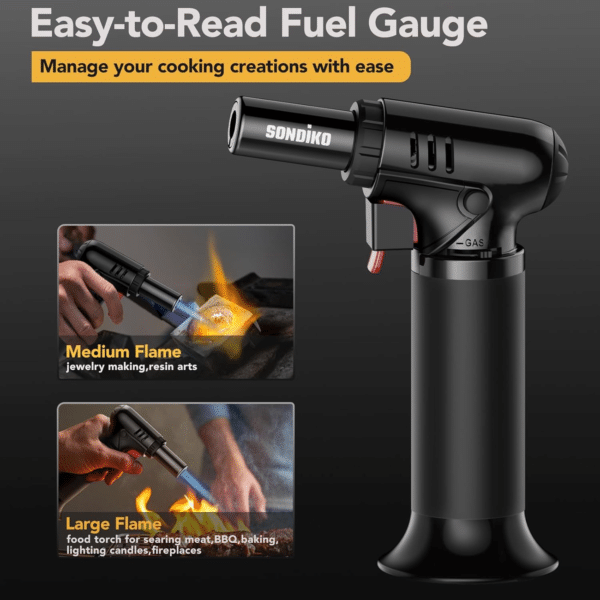 Refillable Butane Torch with Fuel Gauge, Safety Lock & Adjustable Flame – Perfect for Culinary Use including Desserts and Creme Brulee.