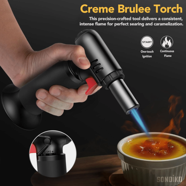 Refillable Butane Torch with Fuel Gauge, Safety Lock & Adjustable Flame – Perfect for Culinary Use including Desserts and Creme Brulee.