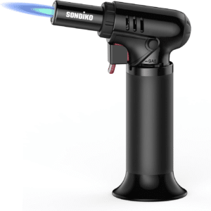 Refillable Butane Torch with Fuel Gauge, Safety Lock & Adjustable Flame – Perfect for Culinary Use including Desserts and Creme Brulee.