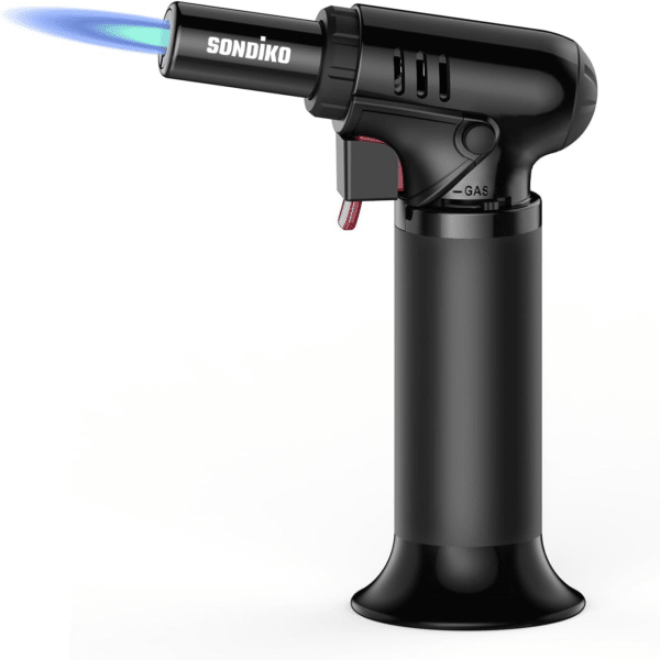 Refillable Butane Torch with Fuel Gauge, Safety Lock & Adjustable Flame – Perfect for Culinary Use including Desserts and Creme Brulee.
