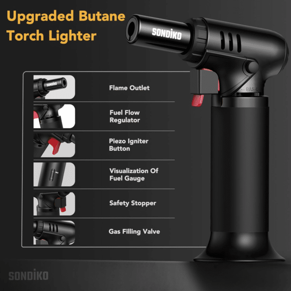 Refillable Butane Torch with Fuel Gauge, Safety Lock & Adjustable Flame – Perfect for Culinary Use including Desserts and Creme Brulee.