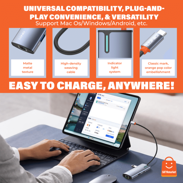 LDNIO DS-16H 6-in-1 USB-C Hub Docking Station – Type-C to HDMI 4K, PD 100W, USB 3.0 x3, RJ45 Ethernet