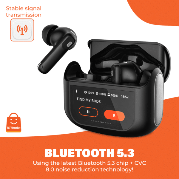 SATYAmarket Wireless Earbuds Bluetooth 5.4 with Touchscreen Display – TWS Headphones with 4-Mic Noise Cancelling, Bass Boost, Hi-Fi Stereo Sound