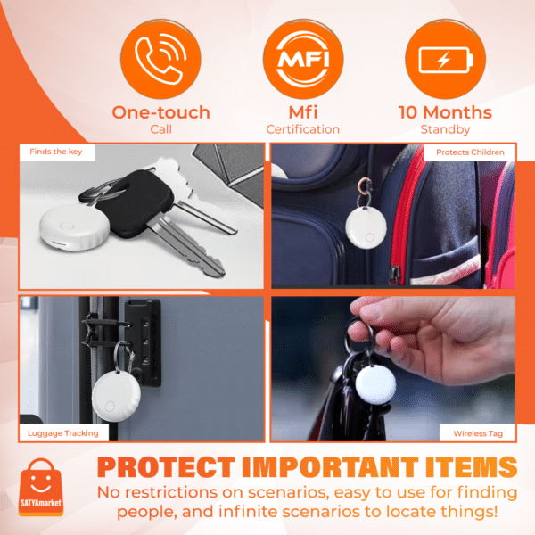 SATYAmarket Mini GPS Tracker for iPhone, Anti-Lost Bluetooth Locator Tag for Pets, Wallet, Keys, Bike – Real-Time Tracking, No App Needed, 12-Month Standby, Portable Finder Tag