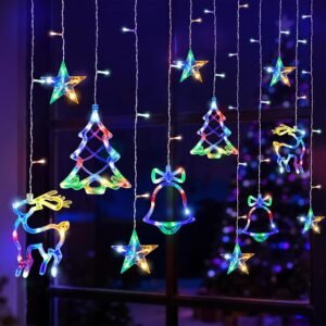 Christmas Window Lights, 138 LED 3.5M Christmas Decorations Indoor Lights with Christmas Tree Bell Reindeer Star, Alway-On Flash Hanging Decors Lights for Party Home Window(Multicolor)