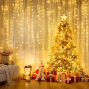 300 LED Fairy Curtain Lights, 3Mx3M USB Plug-In 8 Modes Christmas Decoration, String Hanging Lights for Bedroom Backdrop Wedding Party Indoor Wall Decor, Warm White