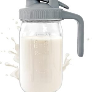 32 OZ Mason Jars with Lid, Glass Pitcher Double Leak Proof with Pour Spout Handle, 1 Quart Wide Mouth Breast Milk Pitcher for Fridge, Creamer Container for Coffee, Sun Tea, Juice (Grey)
