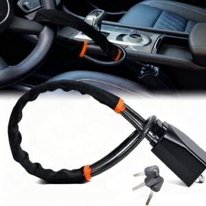 Car Steering Wheel Lock & Seat Belt Lock - Max 17” Length, Universal Anti-Theft for Cars, Suvs, Golf Carts | Compact, Lightweight & Multi-Functional Security Device with 3 Keys (Black)