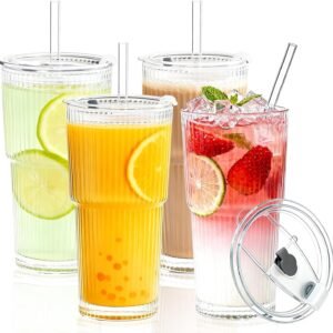 20Oz Ribbed Glass Tumblers, Iced Coffee Glass Cups with Lids and Straws, Matcha,Latte,Smoothie and Water Drinking Glasses (4 Pcs)