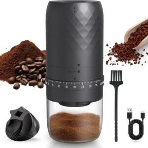 Portable Electric Coffee Grinder, Ceramic Burr, 1800Mah Rechargeable Cordless Grinder for Travel, Office, Camping & Fresh Coffee Anywhere (Black)