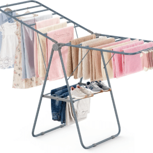 Clothes Drying Rack, Foldable Laundry Drying Rack 2-Tier Metal, Space-Saving Clothes Airer with Height-Adjustable Gullwing Wings & Sock Clips, Free-Standing Clothes Horse, Indoor Outdoor, Grey