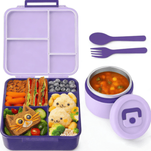 Kids Lunch Box - Insulated Bento Box with Stainless Steel Thermos & Leak-Proof Containers for School, Travel, and Outdoor | 300Ml Food Jar & Square Container for Toddlers and Children (Purple)