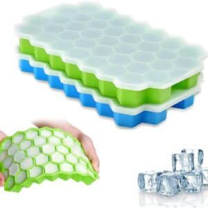 Ice Cube Trays, 2 Pack 37-Cell Honeycomb Silicone Ice Trays with Lids, Reusable Small Ice Cube Molds for Whiskey, Cocktails, Iced Coffee - Green & Blue