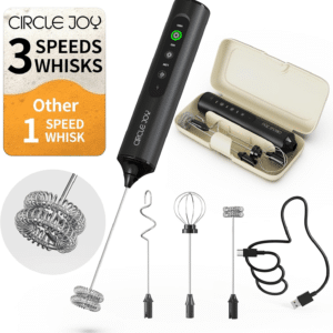 Rechargeable Handheld Milk Frother Wand with 3 Variable Speeds, 3 Whisks and Storage Box