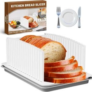 Adjustable Bread Slicer with Crumb Catcher Tray, Foldable Bread Cutting Guide for Homemade Bread, Loaf Cakes, Sandwiches – Width & Thickness Adjustable, Kitchen Counter Clean Tool