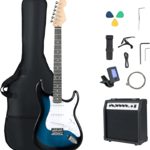 6 String Electric Guitar Beginner Kit, 39" Full Size Electric Guitar with 15W Amplifier, Classic SSS Pickup, Gig Bag, Digital Tuner, Capo, Strap, Extra Strings, Picks and Cable (Blue)