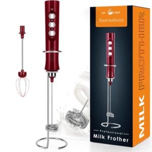 BH03 Rechargeable Milk Frother, 3-Speed, 2 Whisks for Cappuccino, Latte, Bulletproof Coffee, Keto Diet, Protein Powder, Matcha (Vivid Red)