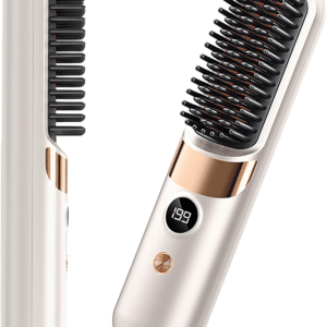 Go Brush Pro Cordless Hair Straightener Brush - Portable Rechargeable Ceramic Styling Brush with 4 Adjustable Heat Modes & LED Display, Perfect for Travel & Everyday Use (Cream White)