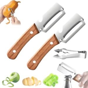 Multi-Functional Vegetable Peeler for Kitchen - 2 Pcs Stainless Steel Sharp Blades Carrot Potato Peeler with Wooden Handle and Bottle Opener Kitchen Tool for Fruit Veggie Pumpkin Papaya Zucchini