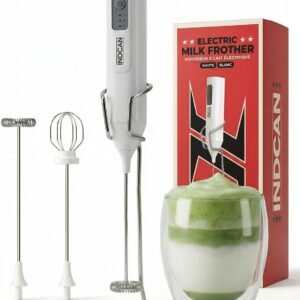 INDCAN Rechargeable Milk Frother Handheld, Electric Coffee Frother Wand with Stand, 3 Speed Foam Maker with 2 Whisks, USB-C Drink Mixer for Latte, Cappuccino, Matcha, Protein Powder (Elite, White)