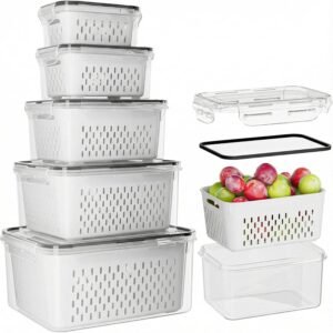 5Pcs Fruit Storage Containers for Fridge with Removable Colanders, Airtight Food Storage Container with Lids, Dishwasher Safe Produce Containers, Keep Fruits, Vegetables, Berry, Meat Fresh Longer