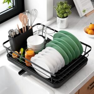Dish Drying Rack for Kitchen Counter - Space-Saving Stainless Steel Dish Drainer with Cutlery Holder, Kitchen Storage & Organisation, 29.0 X 38.1 X 12.7 Cm, Black