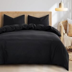 Black Quilt Cover Set, 1000TC Ultra Soft Microfiber Doona Cover Bedding Set in Solid Plain Color (3Pcs, Queen Size)