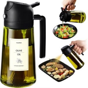 470Ml 2 in 1 Olive Oil Dispenser, Light - Blocking Glass Olive Oil Spray Bottle for Cooking with Stickers - Essential Air Fryer Accessories for Salad, BBQ & Kitchen – Black