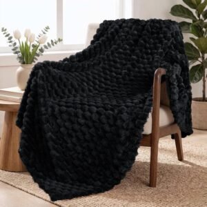 Extra Large Fleece Throw Blanket for Couch, 127X178 CM Stylish Jacquard Soft Throw Blanket, Fuzzy Cozy Lightweight for Winter, Black