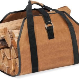 Waxed Canvas Firewood Log Carrier Bag, Water Resistant, Foldable Wood Tote for Fireplace, Camping, Indoor and Outdoor Use