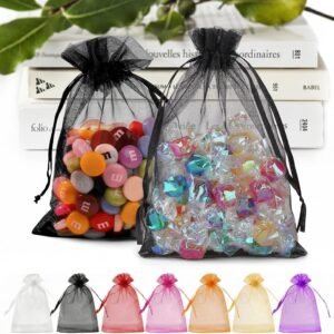 50Pcs Black Organza Bags 5X7 Inch, Small Mesh Gift Bag for Jewelry Candy